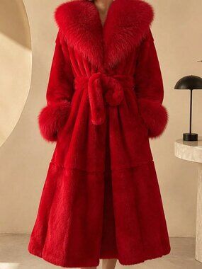 Red Elegant Women's Single Breasted Plain Regular Midi Faux Fur Coat